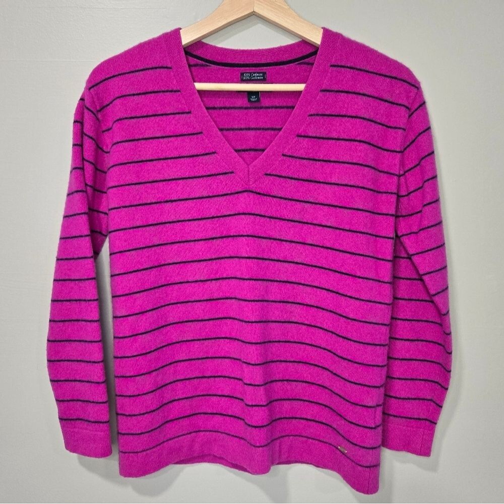 Tommy Hilfiger Women's V-Neck Striped Sweater 100% Cashmere